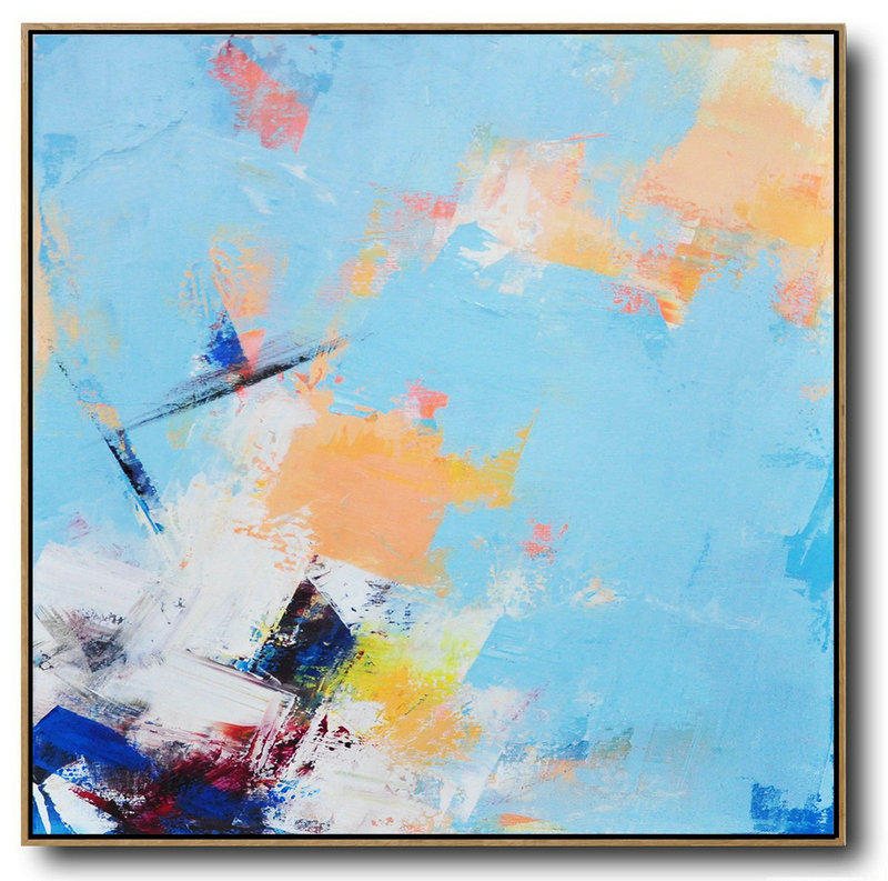 Large Abstract Art,Palette Knife Contemporary Art Canvas Painting,Unique Canvas Art,Sky Blue,Yellow,White,Dark Blue.Etc